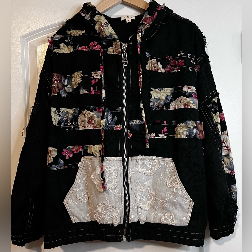 POL Black Floral Lace Patchwork Zip Hoodie Jacket